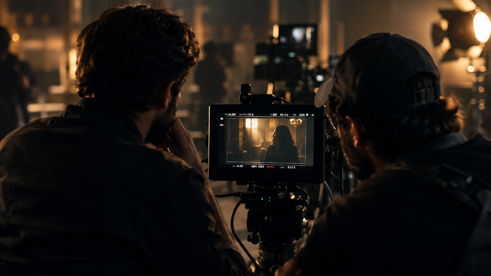 Director and cinematographer reviewing a shot on a camera monitor during a brand video production in Lahore
